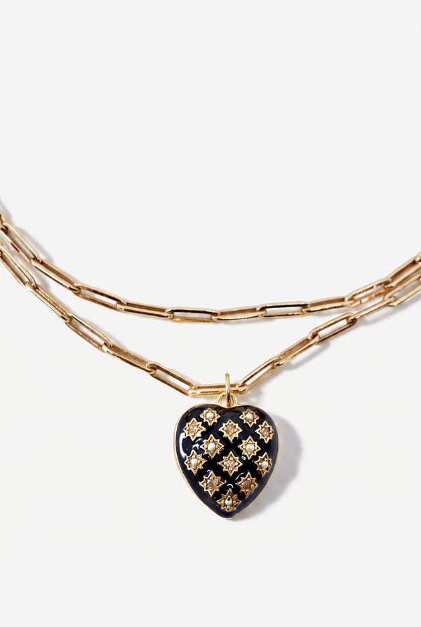 Diamond Heart Necklace Black Enamel  Paperclip Chain