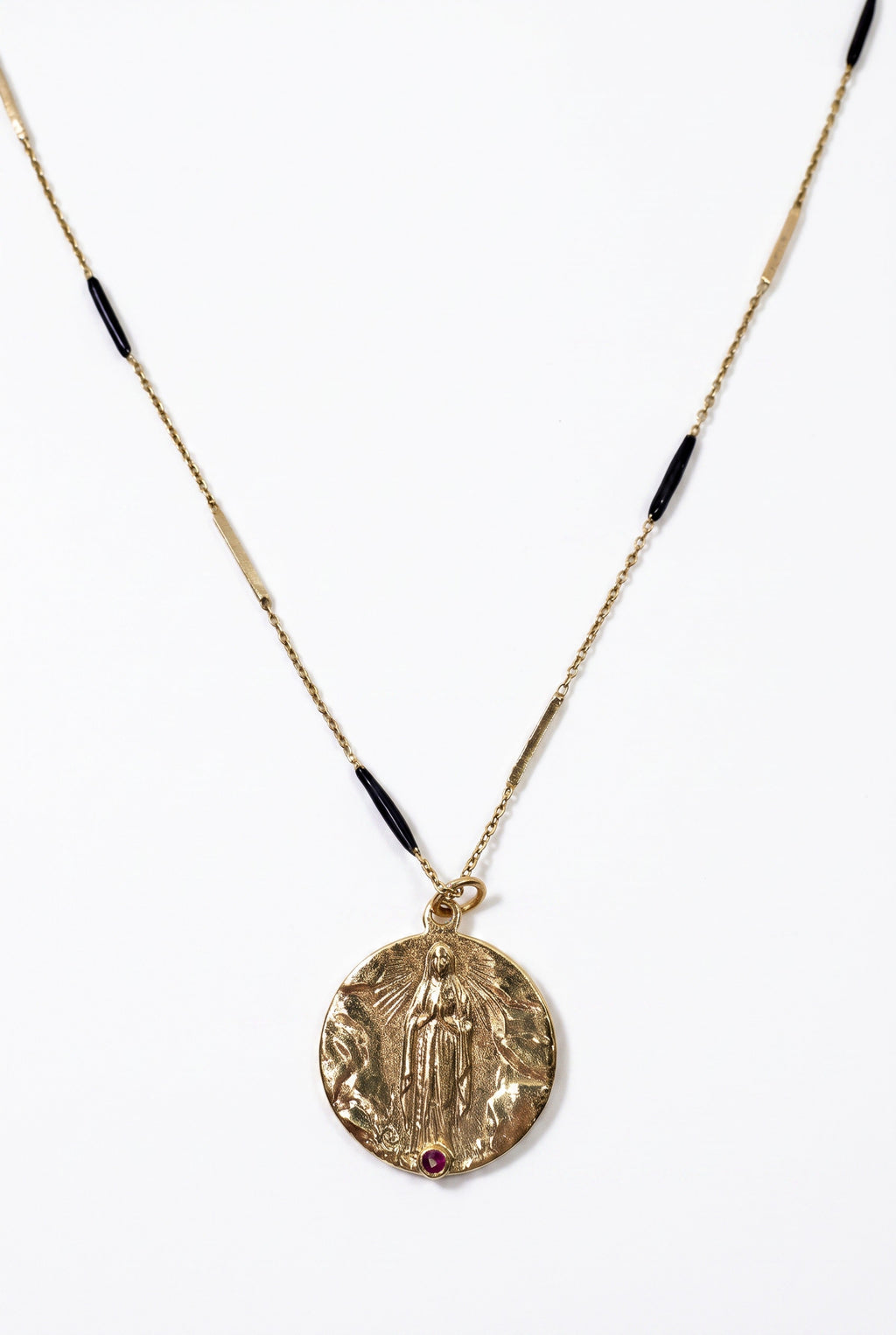 Ruby Virgin Mary Necklace Lourdes Medal Black Enamel