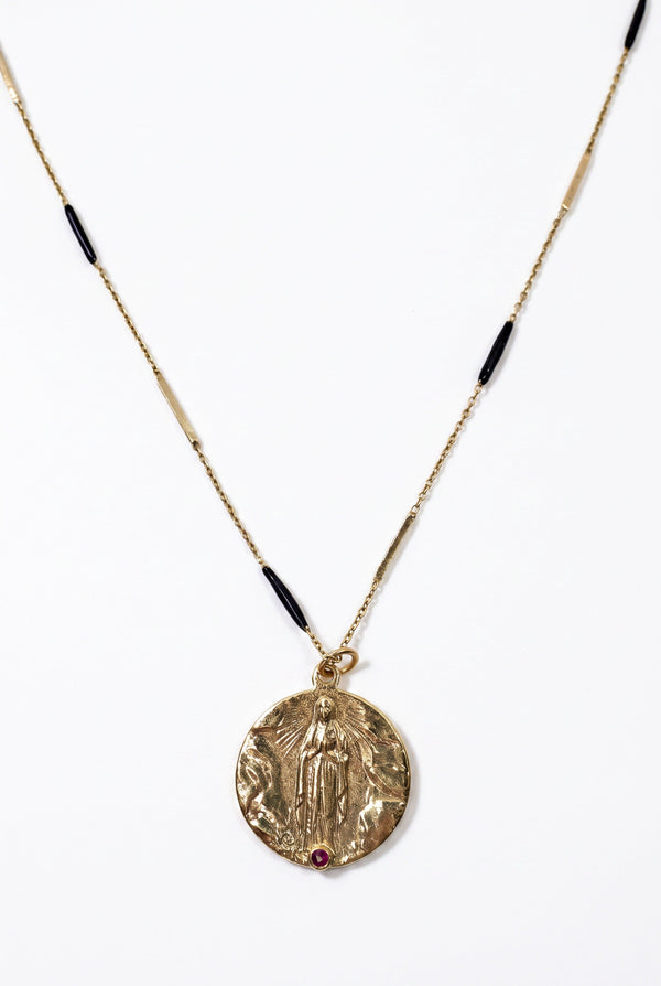 Ruby Virgin Mary Necklace Lourdes Medal Black Enamel