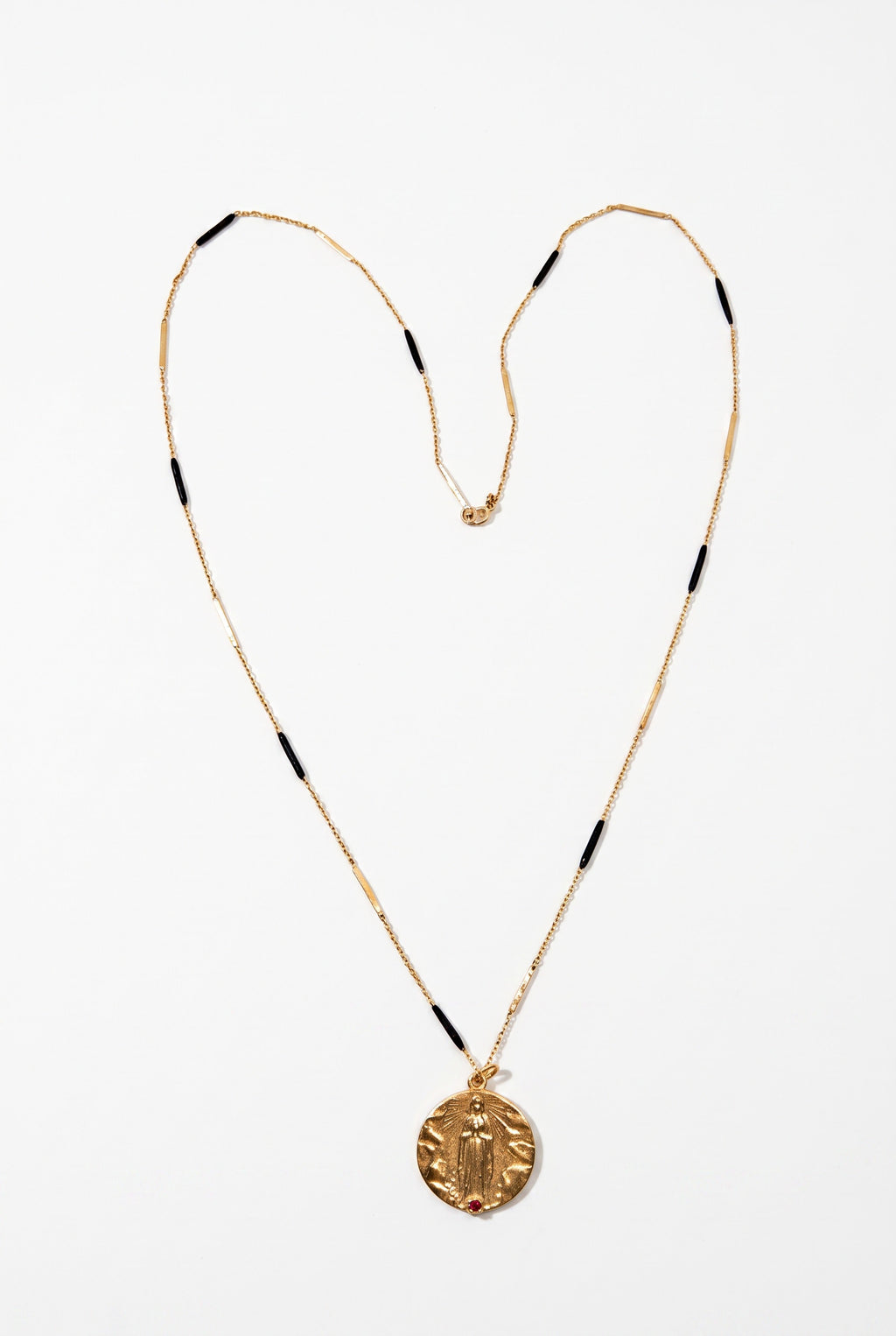 Ruby Virgin Mary Necklace Lourdes Medal Black Enamel