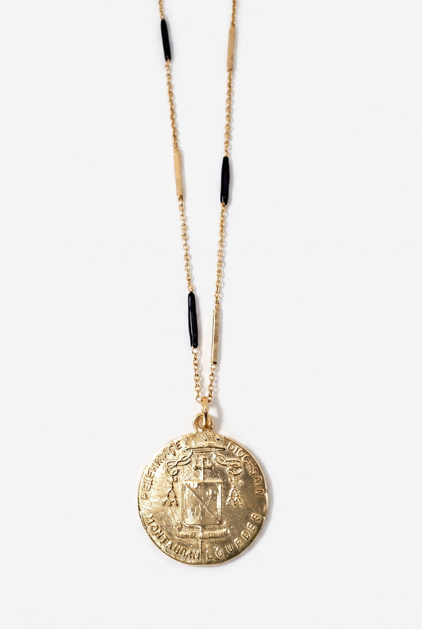 Ruby Virgin Mary Necklace Lourdes Medal Black Enamel