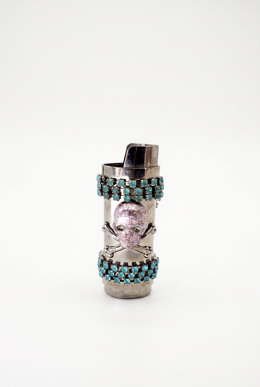 Vintage Skull Lighter Case Pink Enamel Turquoise Crystal Chain