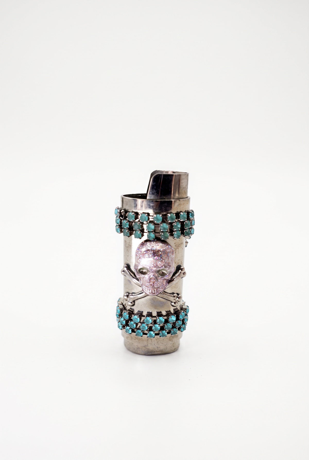 Vintage Skull Lighter Case Pink Enamel Turquoise Crystal Chain