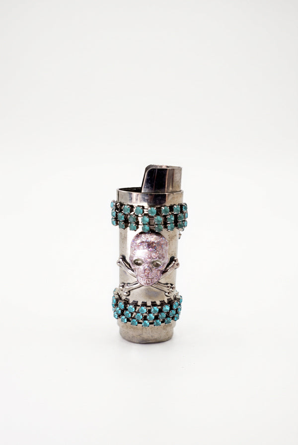 Vintage Skull Lighter Case Pink Enamel Turquoise Crystal Chain