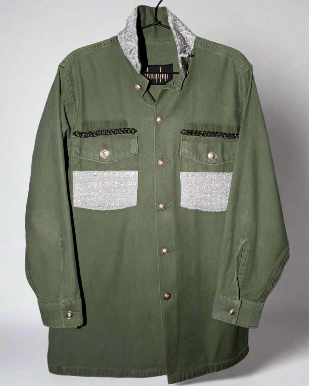 Repurposed Military Green Jacket – Light Grey Lurex Tweed & Gunmetal Chain