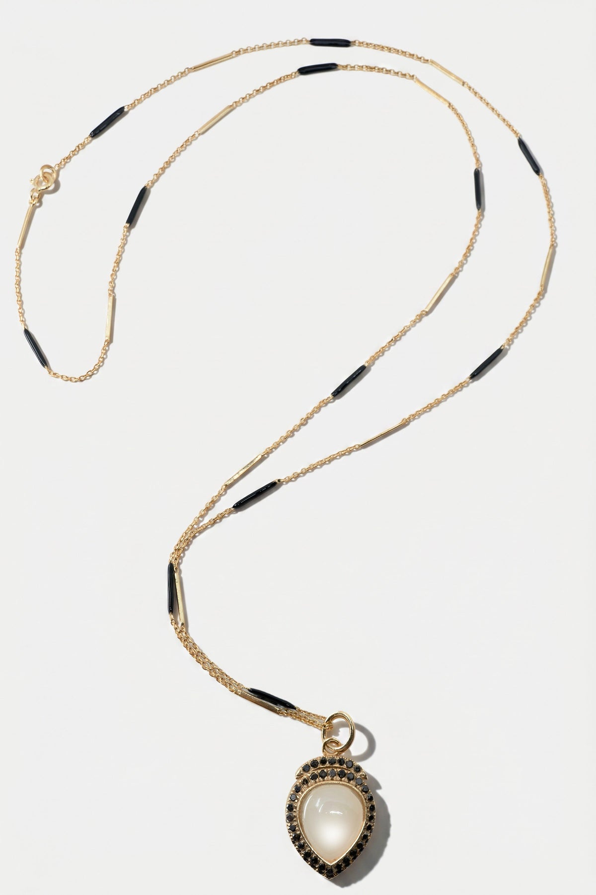Moonstone Necklace Black Diamond Halo Gold Chain Black Enamel