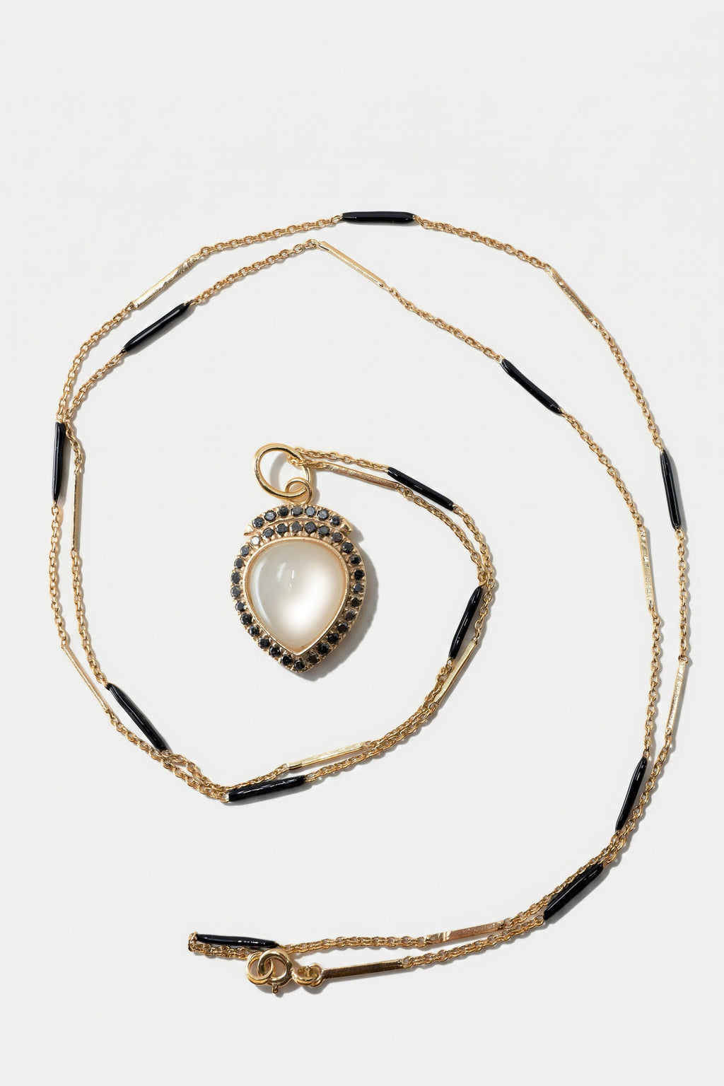 Moonstone Necklace Black Diamond Halo Gold Chain Black Enamel