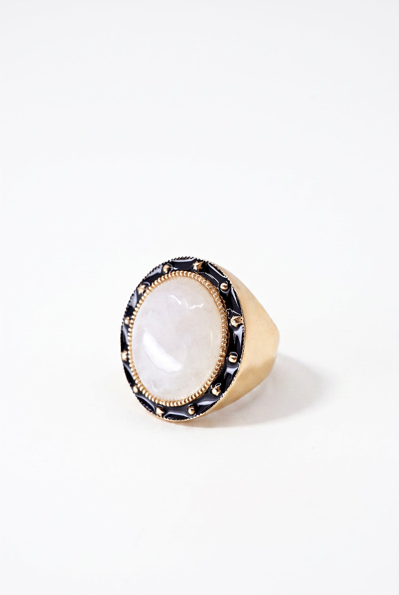 Moonstone Ring Cabochon Black Enamel Star