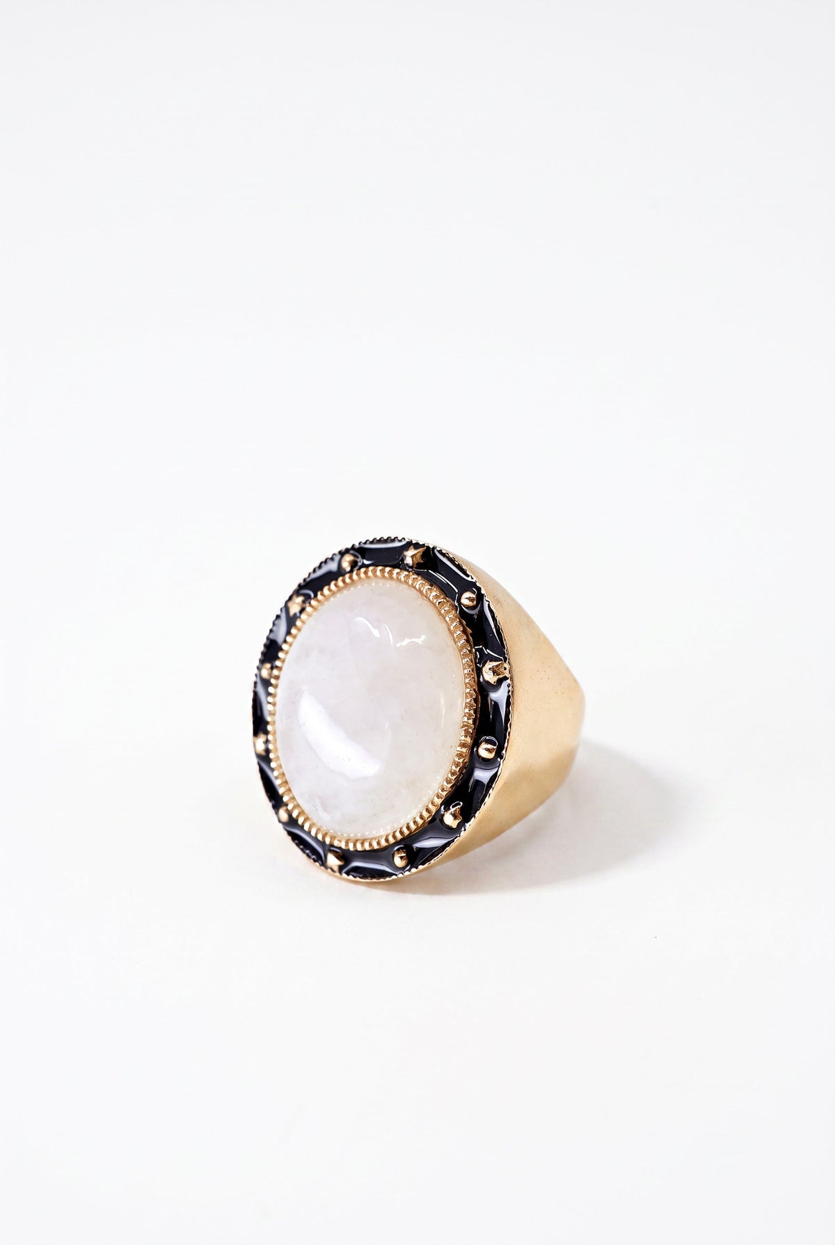 Moonstone Ring Cabochon Black Enamel Star