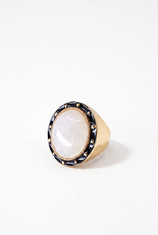 Moonstone Ring Cabochon Black Enamel Star