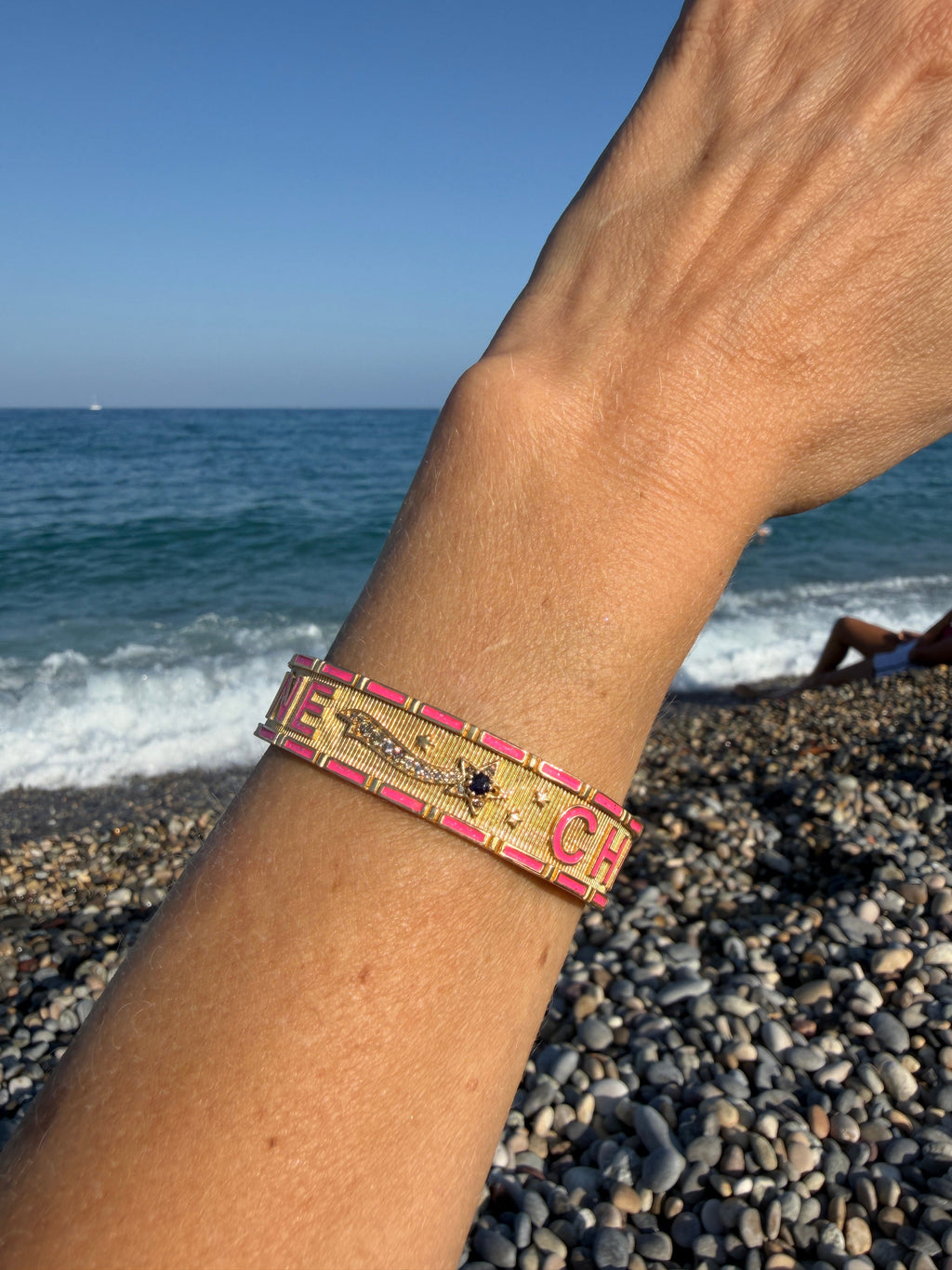 Pink Enamel Cuff Blue Sapphire Bracelet Diamond