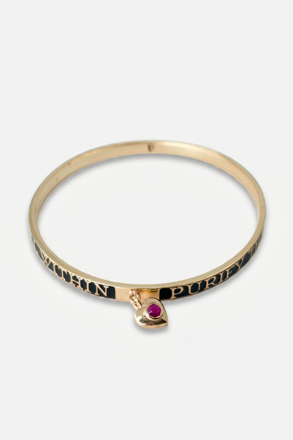 Heart Bangle Black Enamel Ruby Bracelet