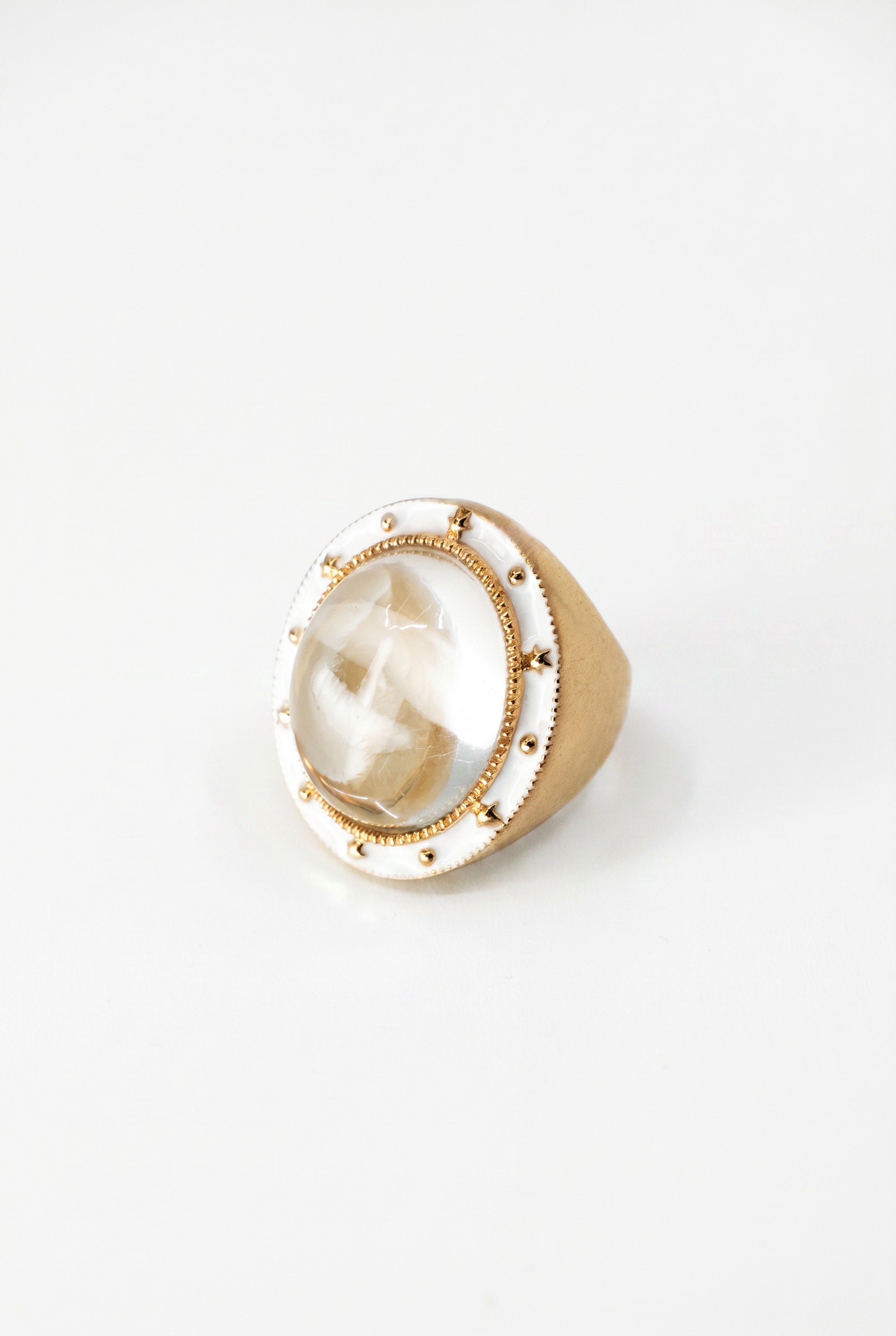 Crystal Quartz Ring Cabochon White Enamel Star