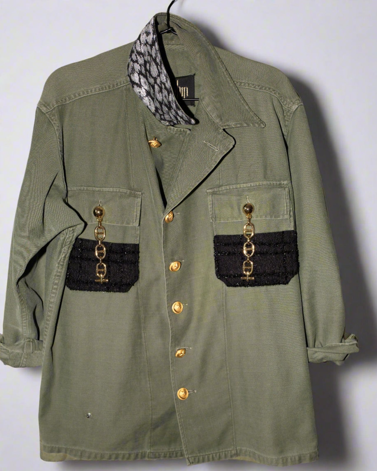 Repurposed Military Green Jacket – Gold Chain, Black & Silver Lurex, Vintage Brass Buttons
