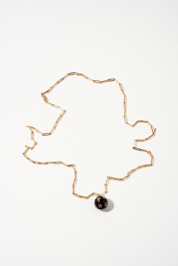 Ruby Star Sphere Necklace Black Enamel Paperclip Chain