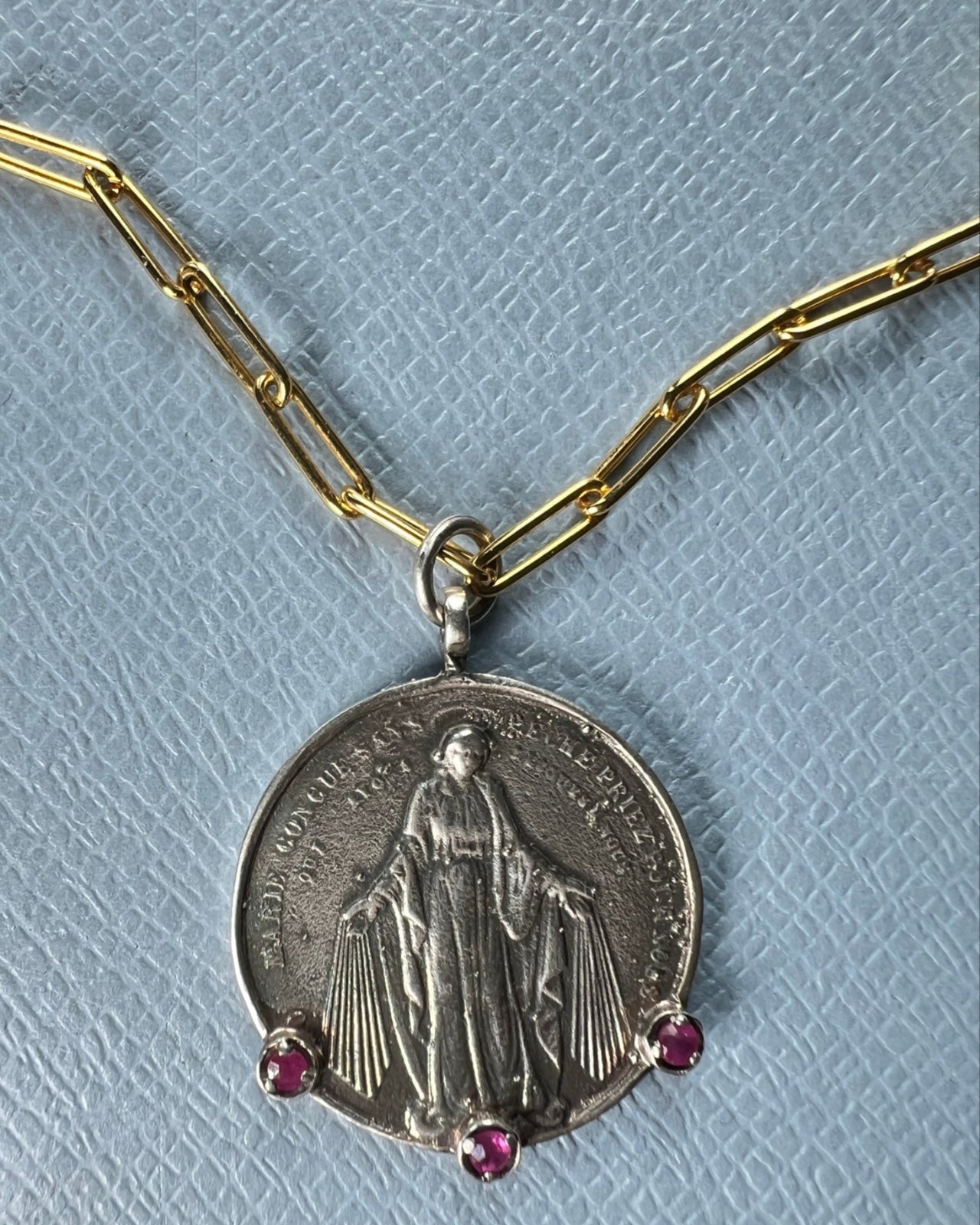 Ruby Silver Virgin Mary Medal Necklace