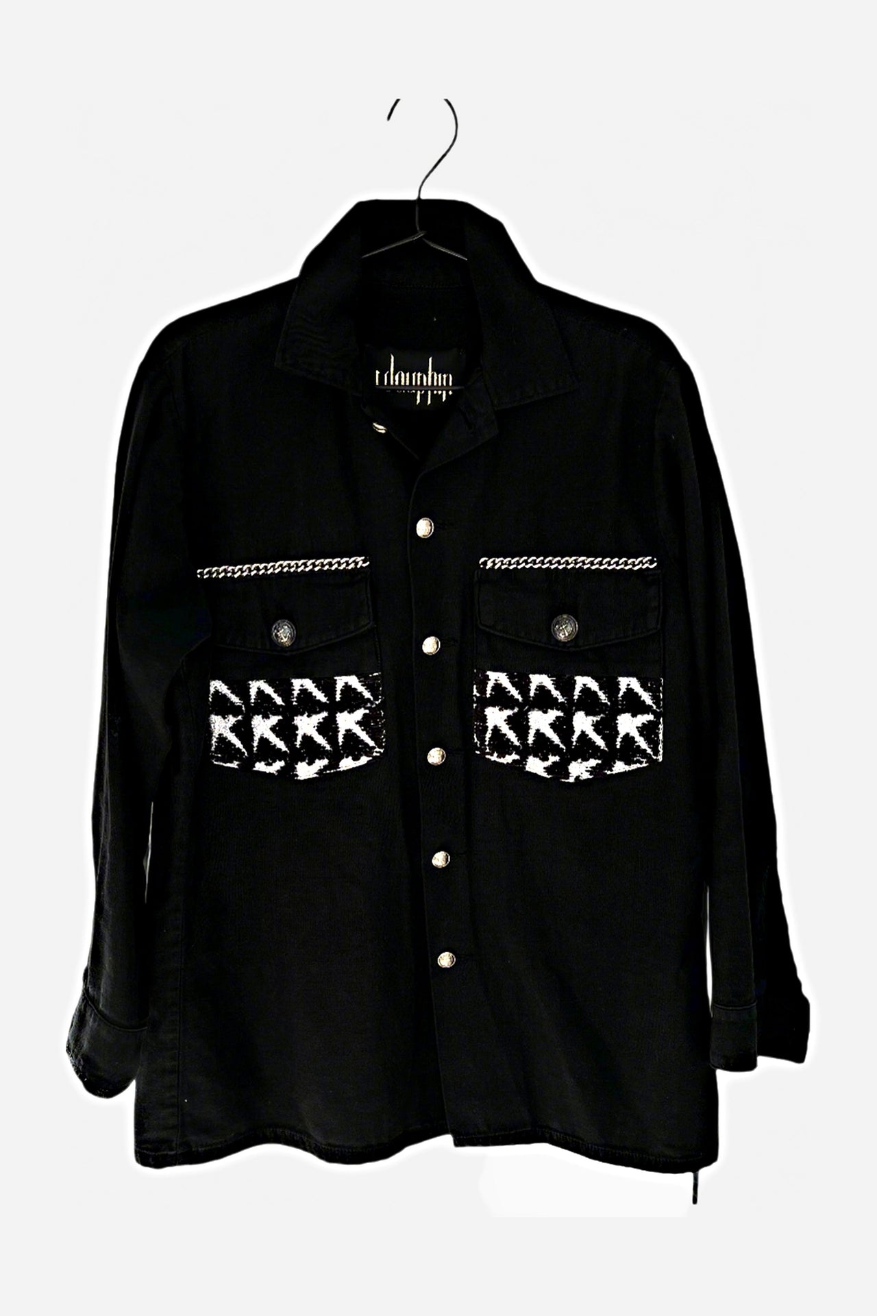 Black Military Jacket – Silver Chains, Star Pockets, Silver Buttons