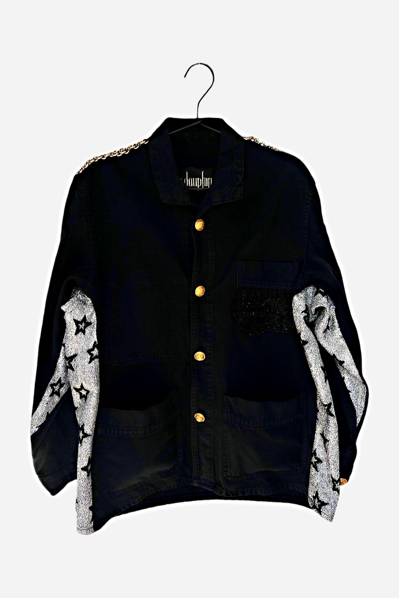 Repurposed Black French Workwear Jacket – Silver Lurex Star Fabric, Brass Chain, Vintage Buttons