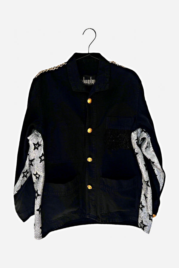 Repurposed Black French Workwear Jacket – Silver Lurex Star Fabric, Brass Chain, Vintage Buttons