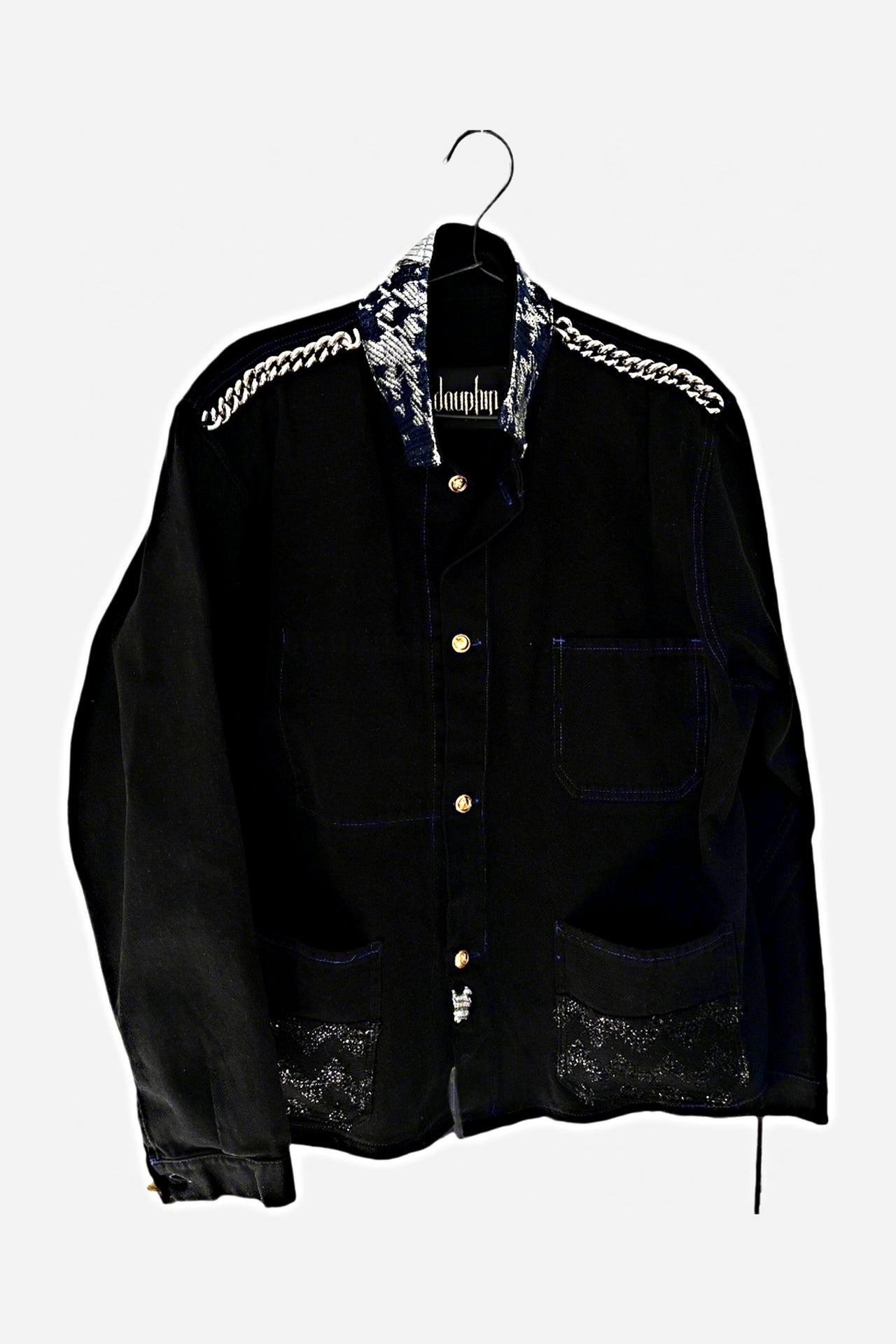 Repurposed Black French Workwear Jacket – Silver Lurex, Blue Fabric, Palladium Chain, Vintage Buttons