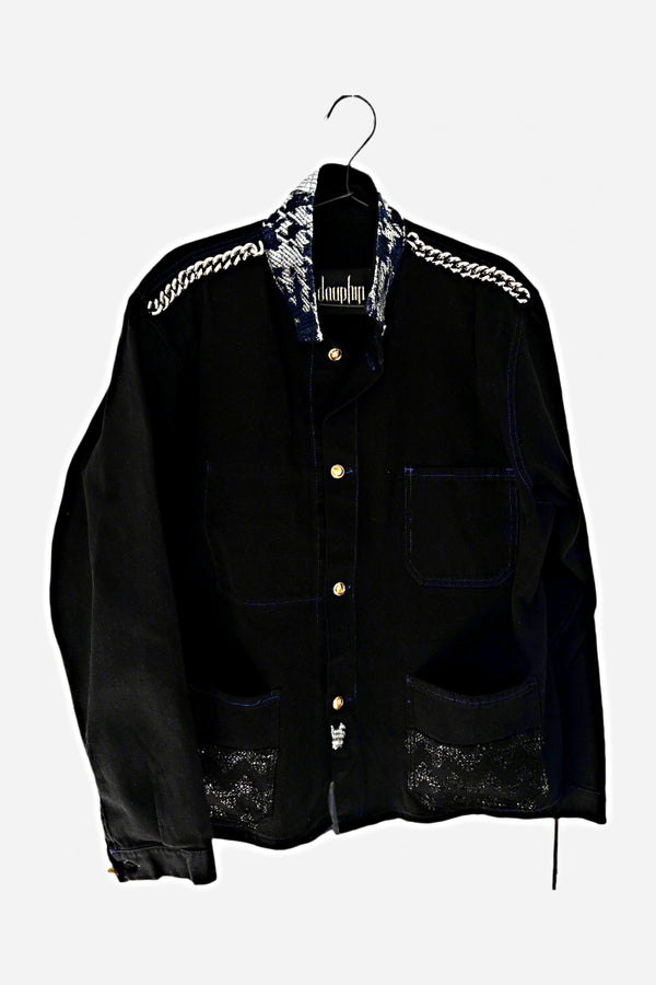 Repurposed Black French Workwear Jacket – Silver Lurex, Blue Fabric, Palladium Chain, Vintage Buttons