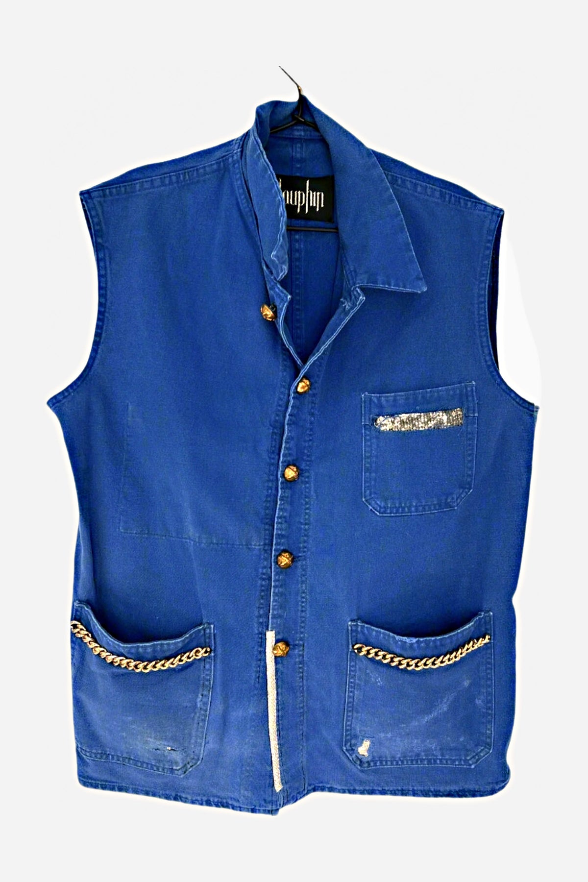 Cobalt Blue Sleeveless French Workwear Jacket – Chains & Gold-Plated Buttons