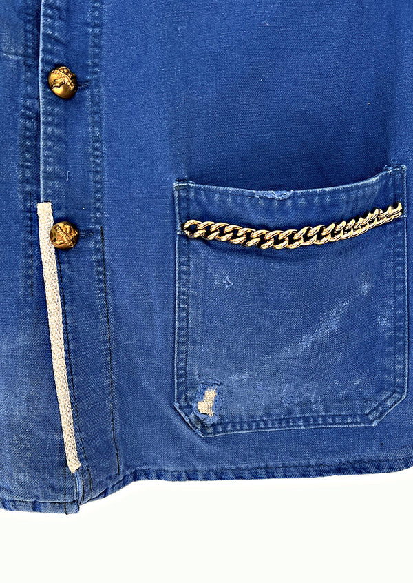 Cobalt Blue Sleeveless French Workwear Jacket – Chains & Gold-Plated Buttons