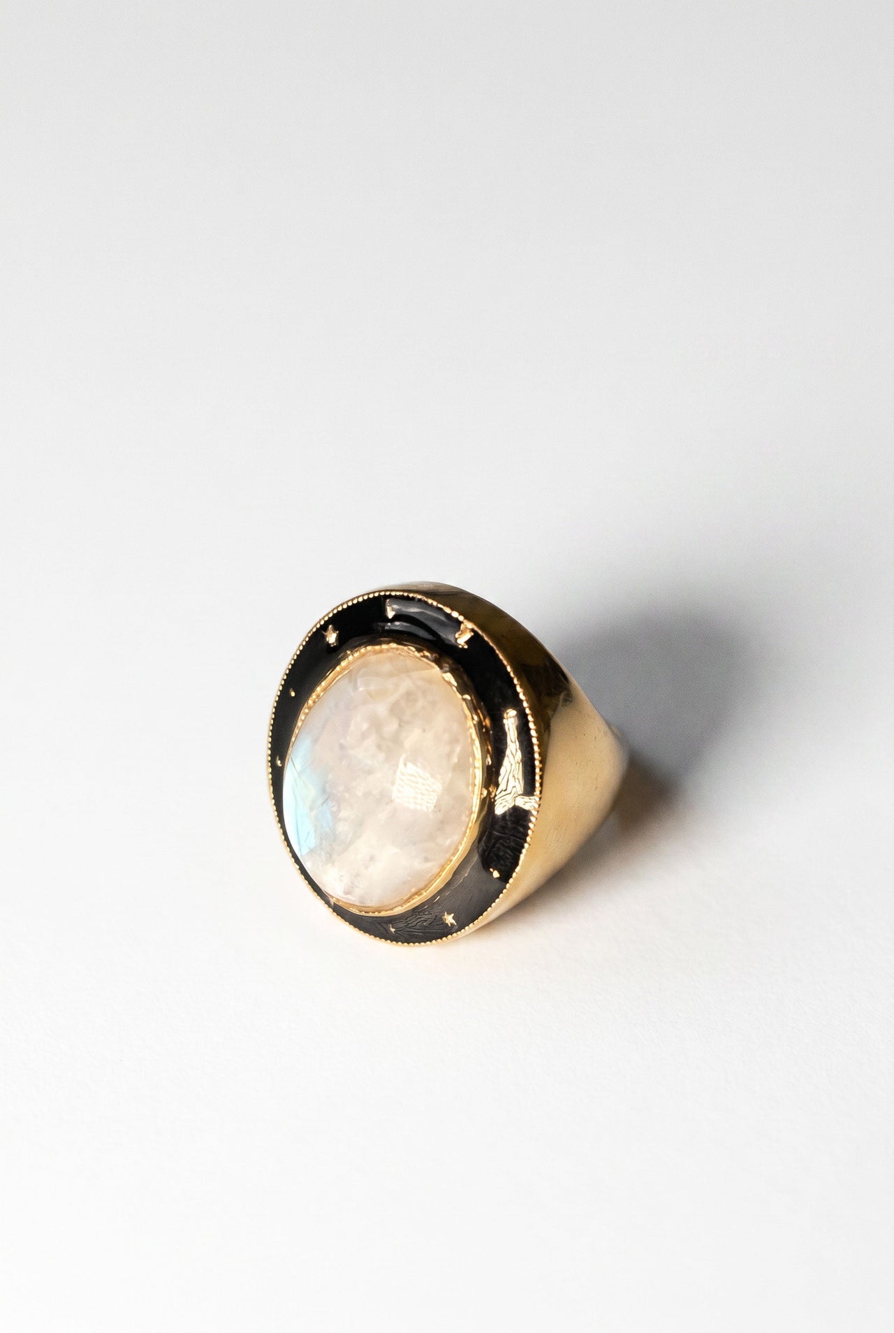 Moonstone Ring Cabochon Black Enamel Star