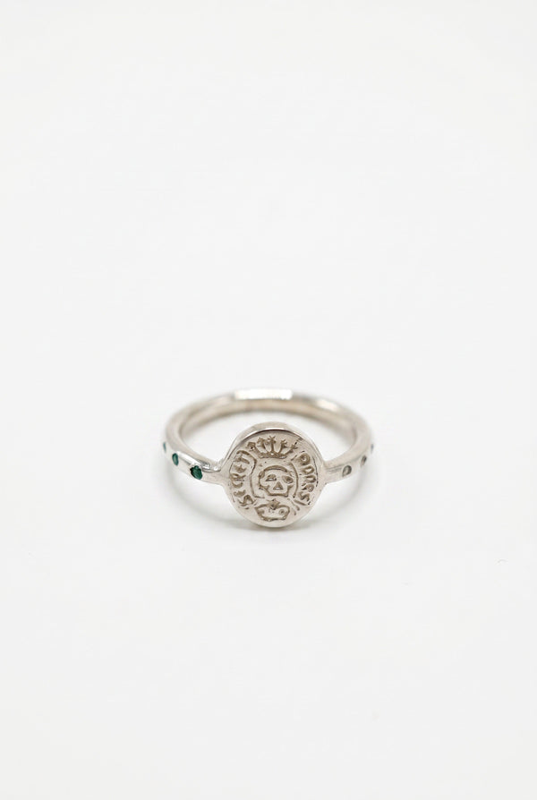 Skull Ring Diamond Emerald Crest Silver