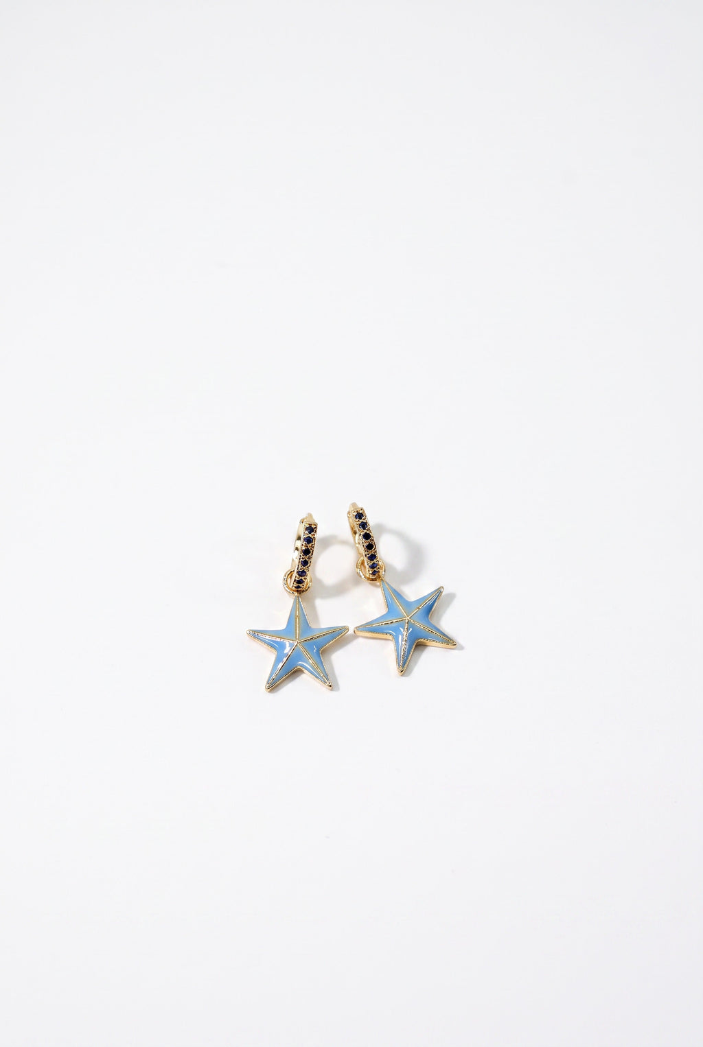 Black Diamond Star Hoop Earrings Light Blue Enamel Drop