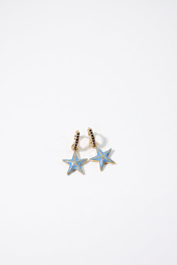 Black Diamond Star Hoop Earrings Light Blue Enamel Drop