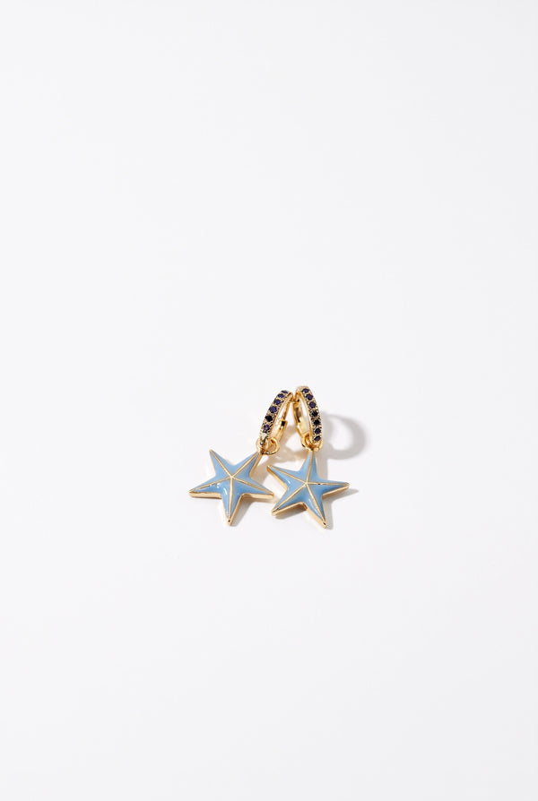 Black Diamond Star Hoop Earrings Light Blue Enamel Drop