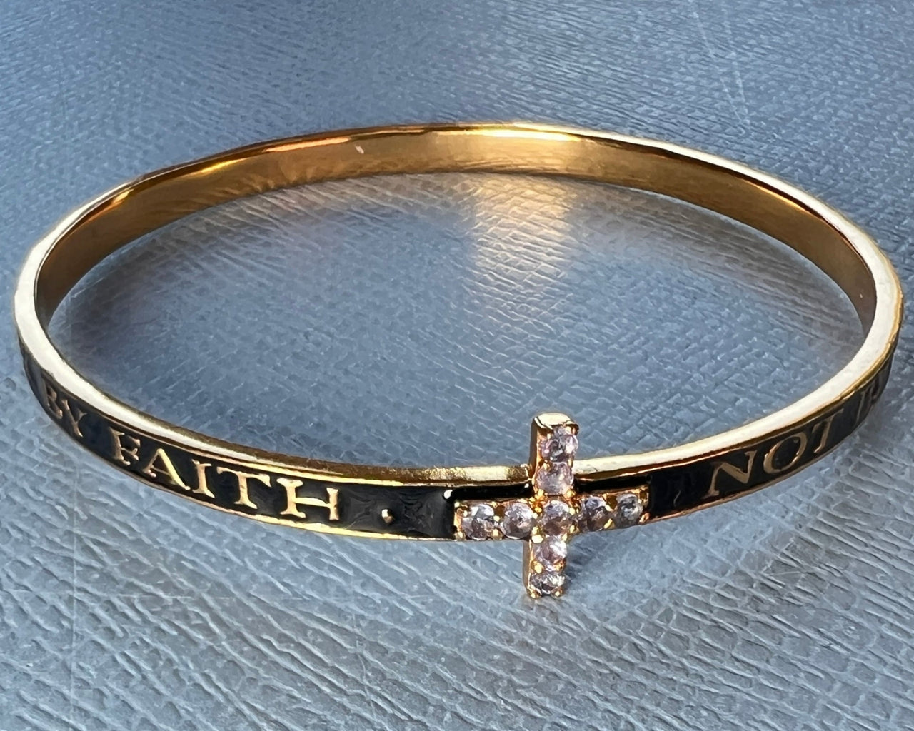 Tanzanite "For we walk by Faith" Bangle Black Enamel