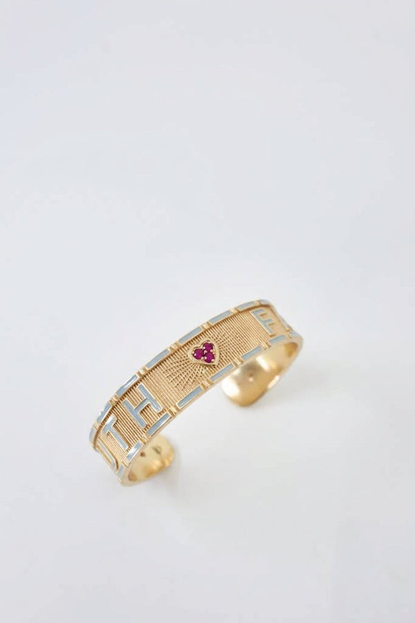 Truth Faith Cuff Bracelet Ruby Heart Light Blue Enamel Gold