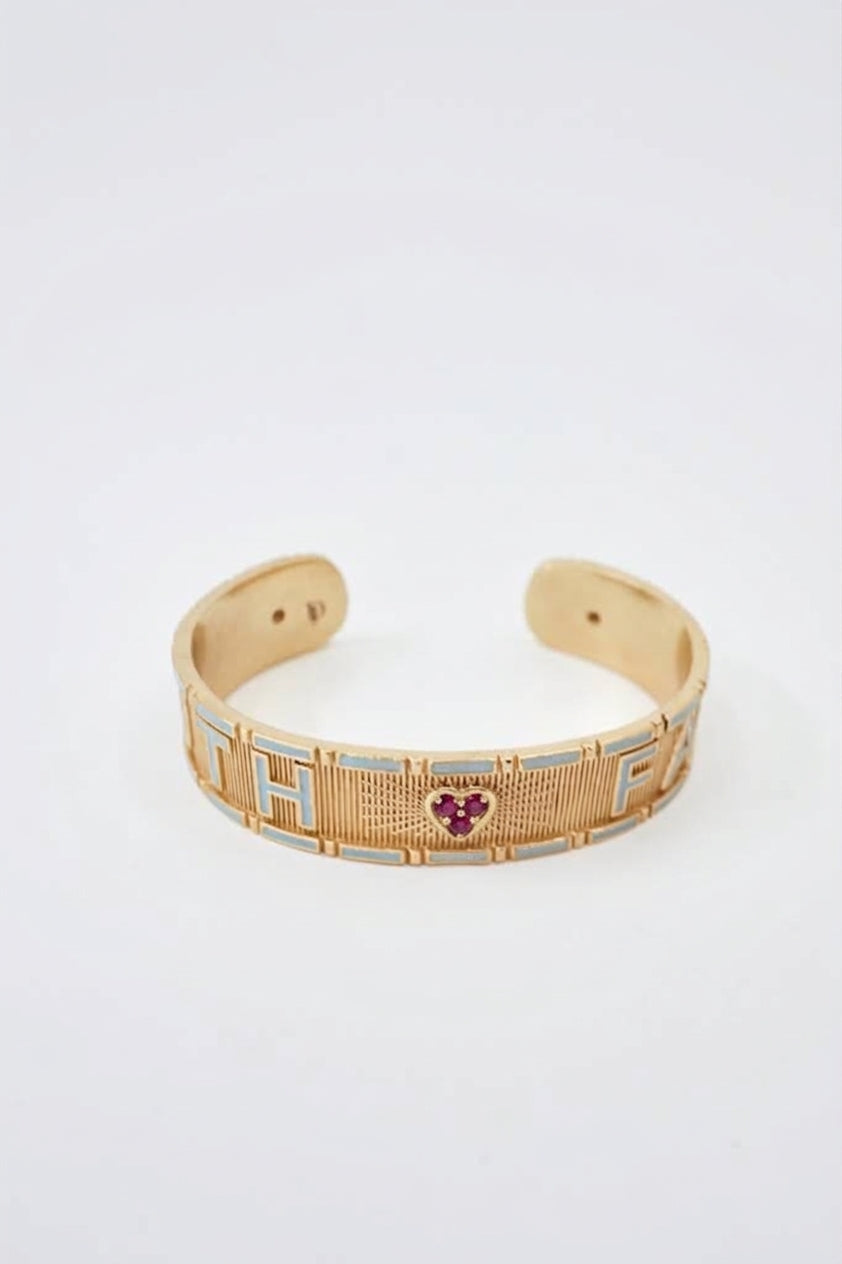 Truth Faith Cuff Bracelet Ruby Heart Light Blue Enamel Gold