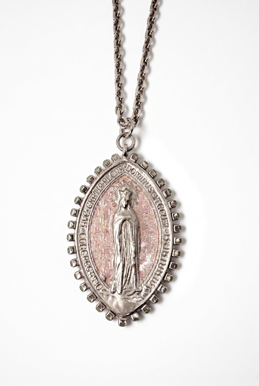 Vintage Virgin Mary Religious Medal Necklace Pink Enamel