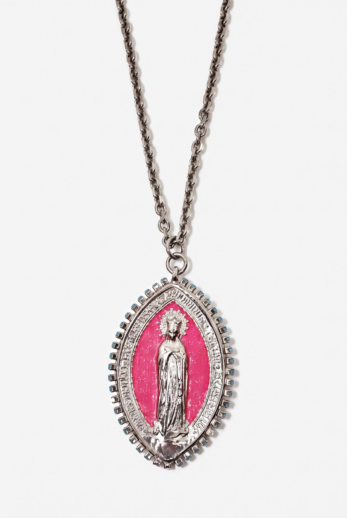 Vintage Virgin Mary Medal Necklace Neon Pink Enamel Palladium