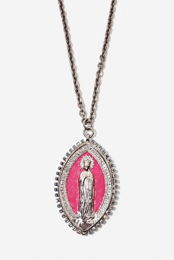 Vintage Virgin Mary Medal Necklace Neon Pink Enamel Palladium