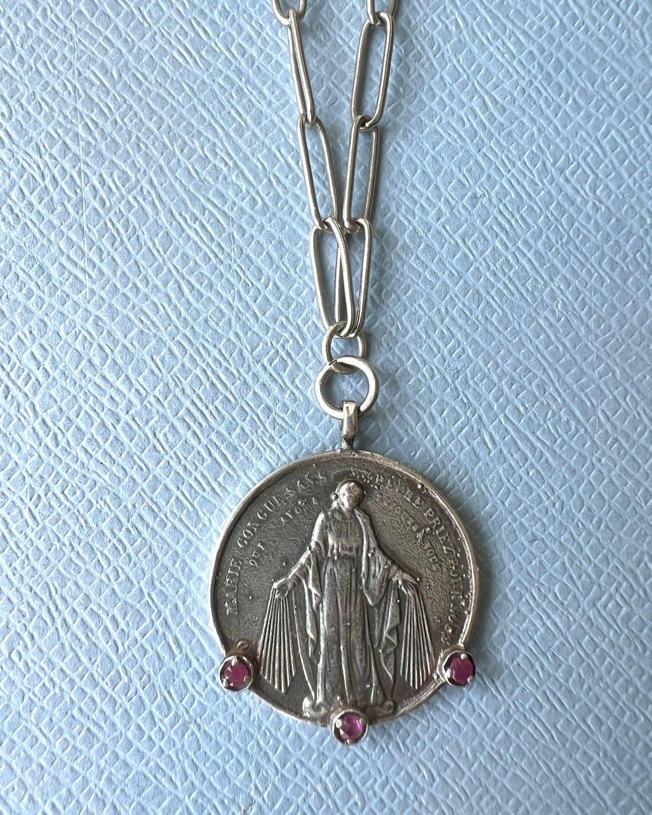Ruby Virgin Mary Medal Silver Necklace