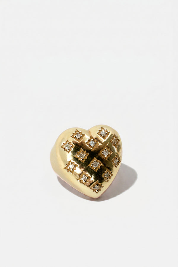 Gold Heart Signet Ring White Diamond Star