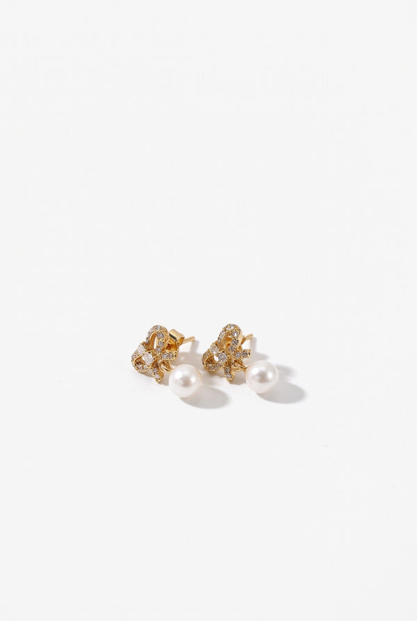Diamond Bow Earrings Dangling Pearl