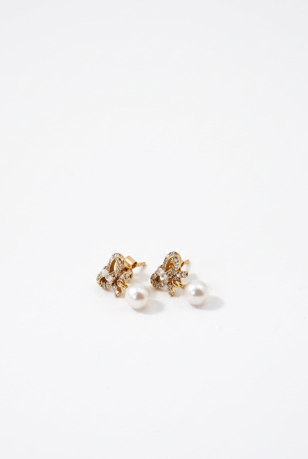 Diamond Bow Earrings Dangling Pearl