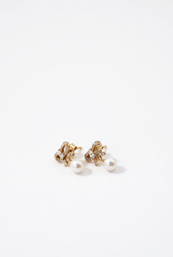 Diamond Bow Earrings Dangling Pearl