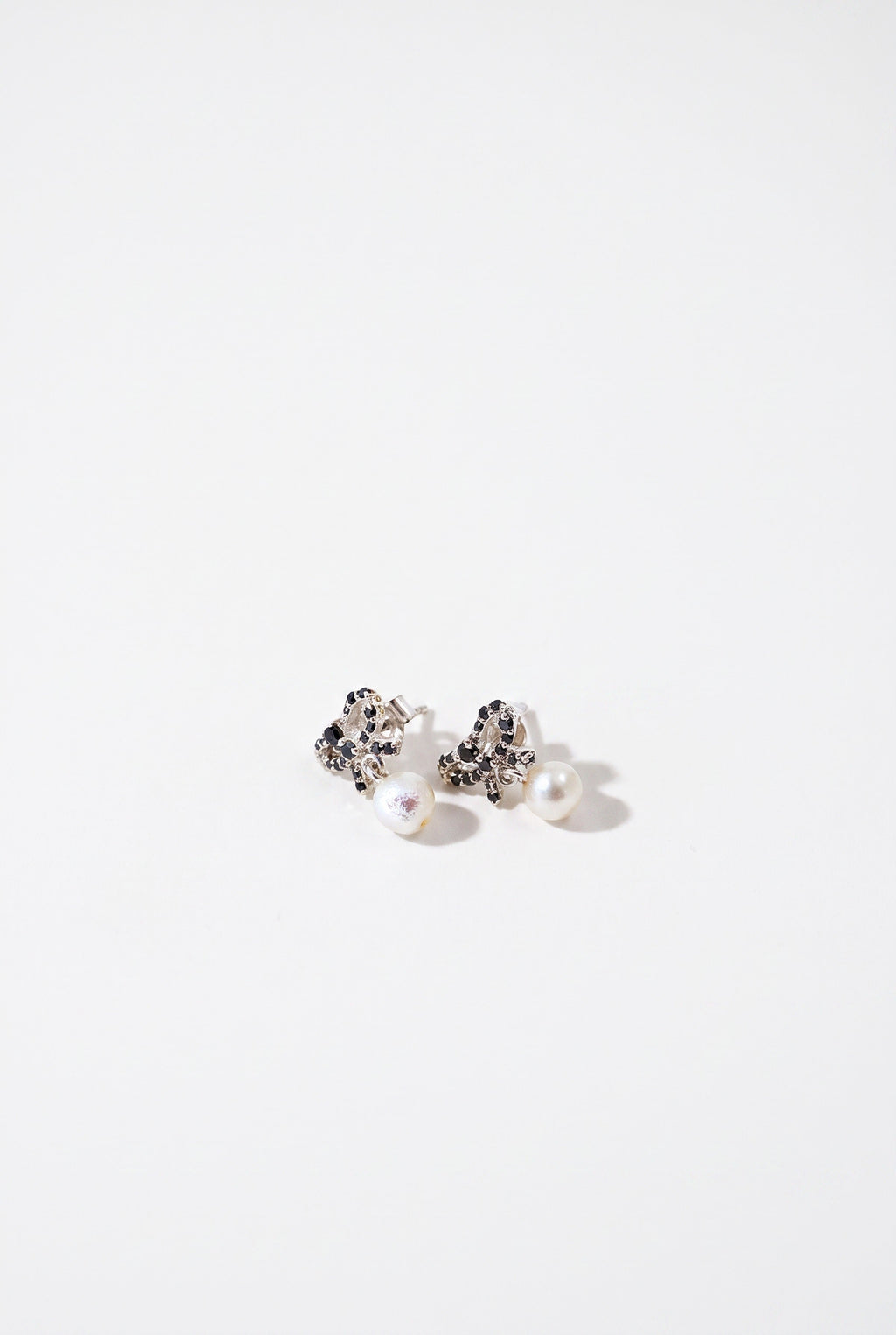 Black Diamond Pearl Bow Earrings Silver Drop