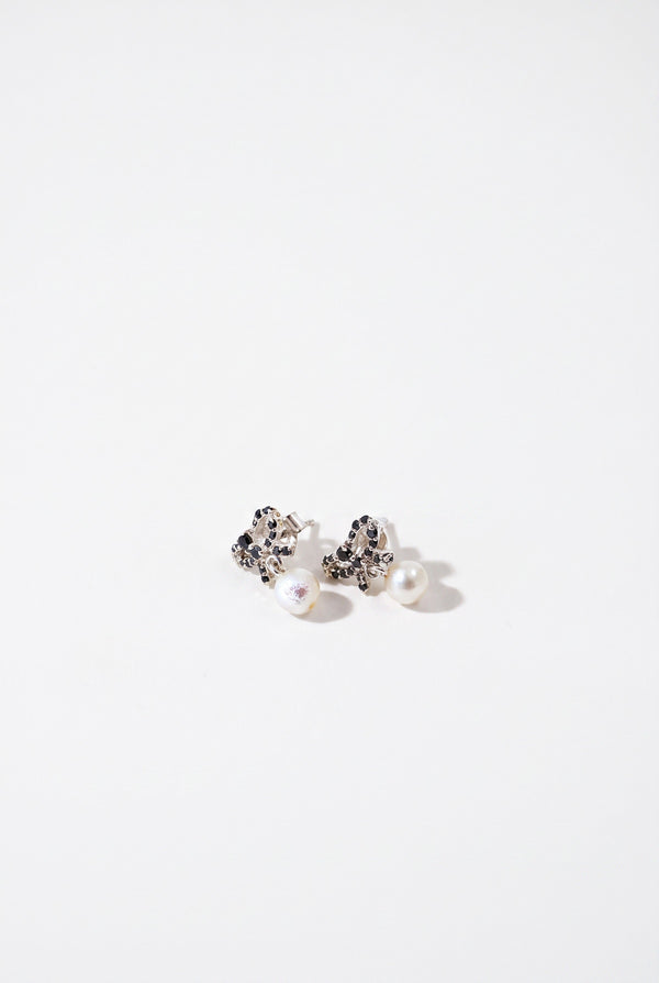 Black Diamond Pearl Bow Earrings Silver Drop