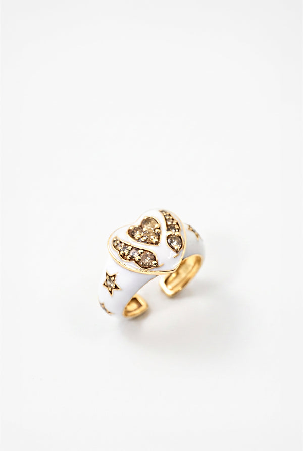 White Diamond Heart Star Ring White Enamel