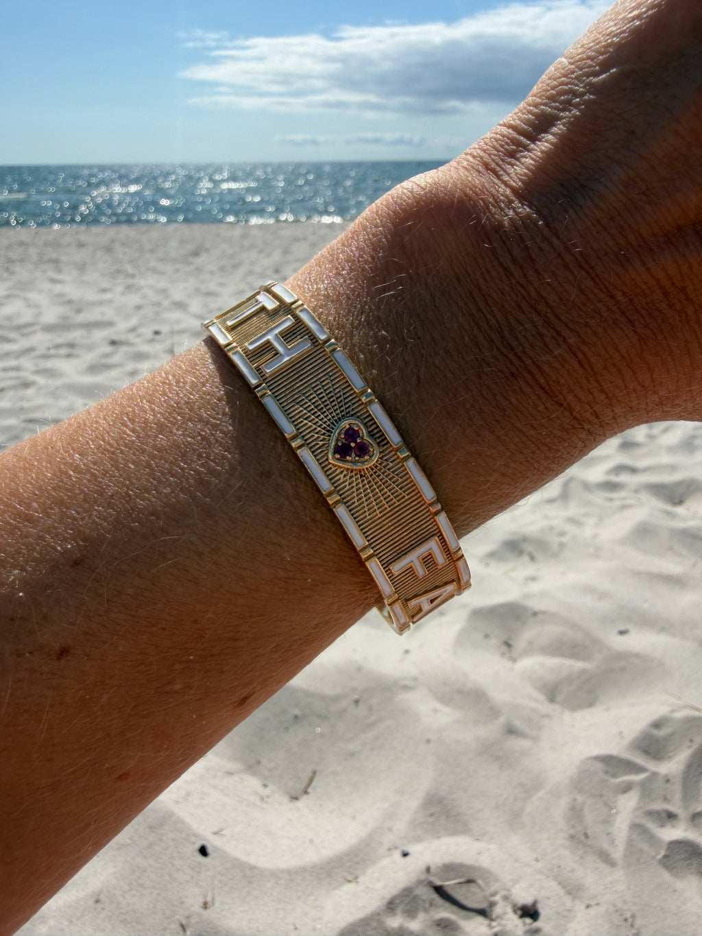 Truth Faith Cuff Bracelet Ruby Heart Light Blue Enamel Gold