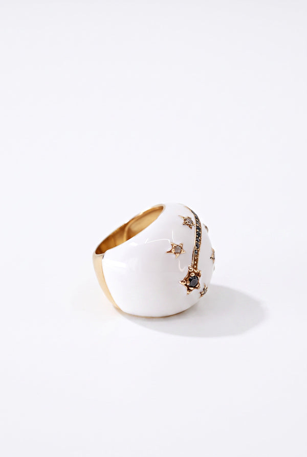 White Enamel Cocktail Ring Black Diamond Star