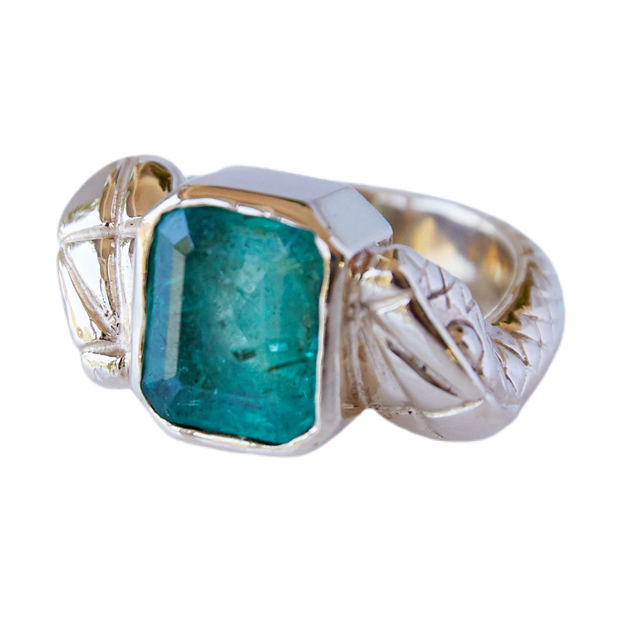 Double Snake Ring Emerald Baguette Gold