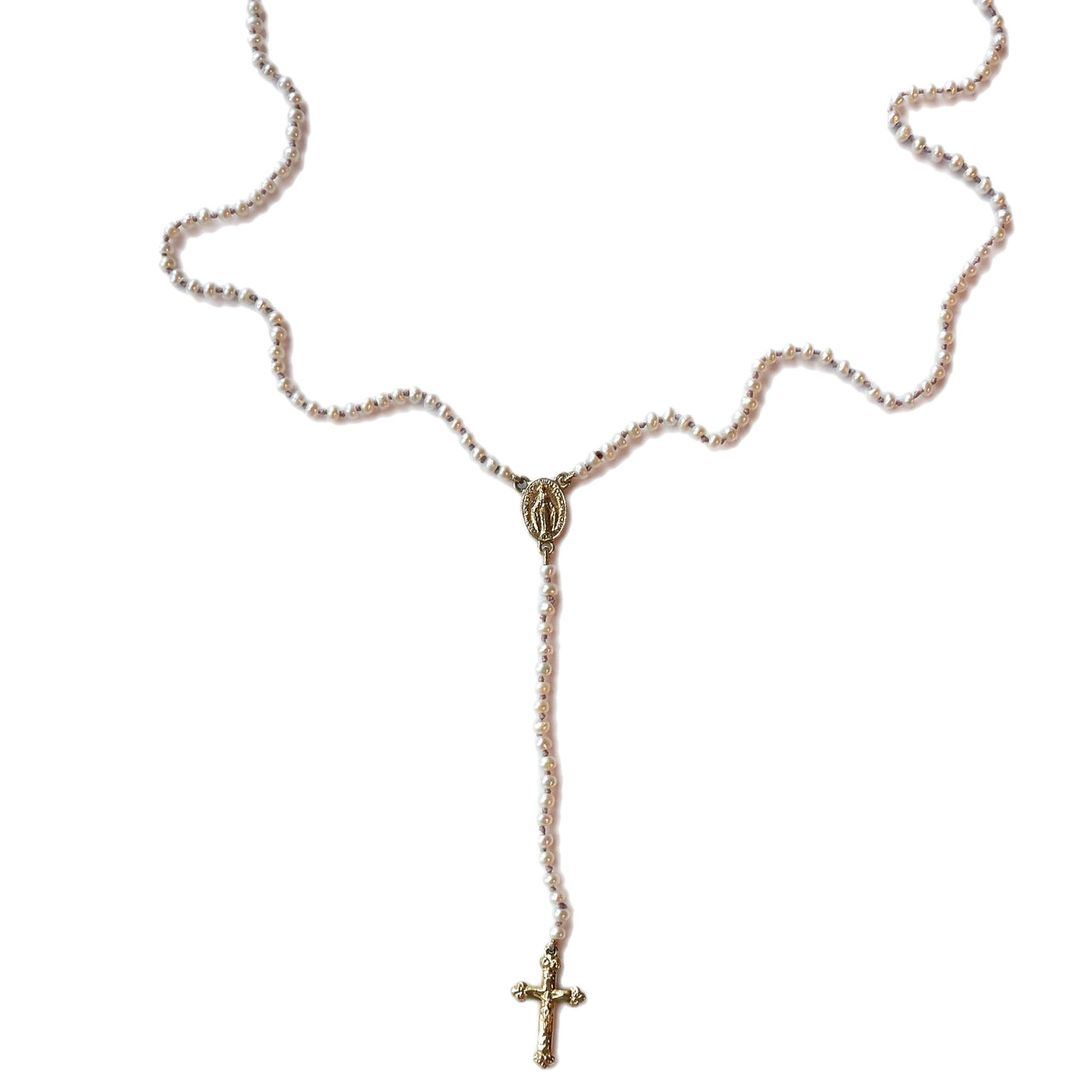 Rosario White Pearl Cross Virgin Mary Solid Gold Necklace